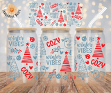 "Red, Blue Cozy Winter Vibes" UV DTF 16oz Glass Can Transfer