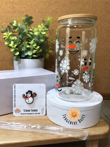 "Snowman Faces" 16oz. Libbey Glass Can Bamboo Lid and Matching Straw Charm Set; Christmas Set; Completed Gift Set