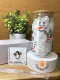 "Snowman Faces" 16oz. Libbey Glass Can Bamboo Lid and Matching Straw Charm Set; Christmas Set; Completed Gift Set