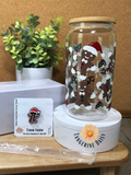 "Gingerbread Men" 16oz. Libbey Glass Can Bamboo Lid and Matching Straw Charm Set; Christmas Set; Completed Gift Set