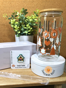 "Christmas Cookie Garland" 16oz. Libbey Glass Can Bamboo Lid and Matching Straw Charm Set; Christmas Set; Completed Gift Set