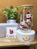 "Joyful Polar Bears" 16oz. Libbey Glass Can Bamboo Lid and Matching Straw Charm Set; Christmas Set; Completed Gift Set