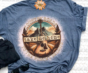 "Country Roads Take Me Home to the Place I Belong" Soft Style TShirt Vibrant and Over-sized Design Bleached & Sublimated