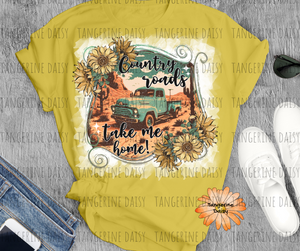 "Country Roads Take Me Home" Soft Style TShirt Vibrant and Over-sized Design Bleached & Sublimated