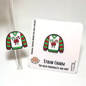 "Red & Green Striped Ugly Sweater" Straw Charm; Straw Accessory; Straw Topper; Christmas; Holiday;