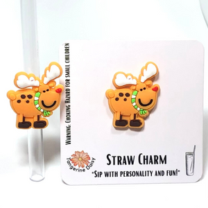 "Green & White Scarf Reindeer" Straw Charm; Straw Accessory; Straw Topper; Christmas; Holiday;