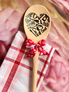 "Ingredients" Rustic 12" Wood Spoon Adorned with Vinyl Design and bow; Home Decor; Decoration