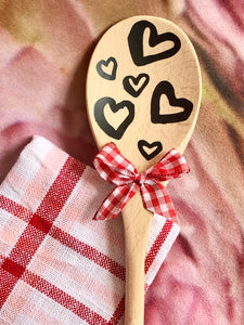 "Hearts" Rustic 12" Wood Spoon Adorned with Vinyl Design and bow; Home Decor; Decoration