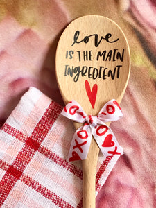 "Love is the Main Ingredient" Rustic 12" Wood Spoon Adorned with Vinyl Design and bow; Home Decor; Decoration