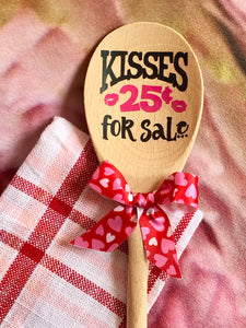 "Kisses For Sale" Rustic 12" Wood Spoon Adorned with Vinyl Design and bow; Home Decor; Decoration