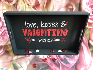 "Love Kisses & Valentine Wishes" Natural Wooden Nesting Serving Tray with Handles; Decor Painted Matte Finish and Adorned with Vinyl Decal; Home Decor; Decoration; Valentine's Day