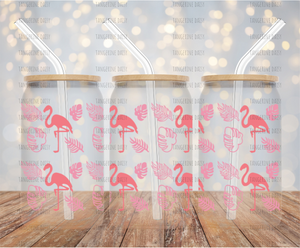 "Pink Flamingos" UV DTF 16oz Glass Can Transfer