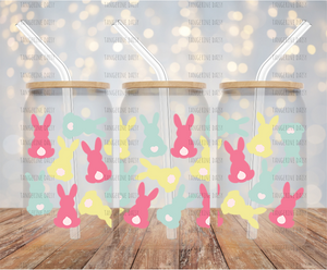 "Green, Yellow & Pink Bunnies" UV DTF 16oz Glass Can Transfer