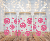 "Pink Smiley Faces" UV DTF 16oz Glass Can Transfer