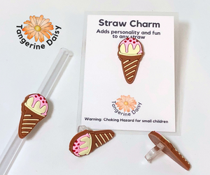 "Vanilla Ice Cream Cone with Strawberry Drizzle" Straw Charm; Straw Accessory; Straw Topper
