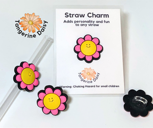 "Pink Yellow Daisy with Smile" Straw Charm; Straw Accessory; Straw Topper