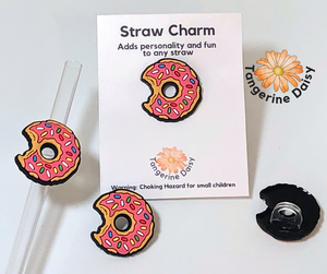"Bitten Strawberry Icing Donut with Sprinkles" Straw Charm; Straw Accessory; Straw Topper