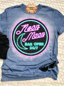 "Neon Moon Bar is Open 24/7" Soft Style TShirt Vibrant and Over-sized Design Bleached & Sublimated