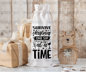 Survive Christmas One Sip at a Time Canvas Wine Bottle Bag with drawstring, Reusable, Durable, Gift Giving, Complete your bottle of wine