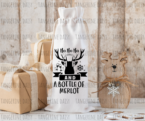 Ho Ho Ho and a Bottle of Merlot Canvas Wine Bottle Bag with drawstring, Reusable, Durable, Gift Giving, Complete your bottle of wine